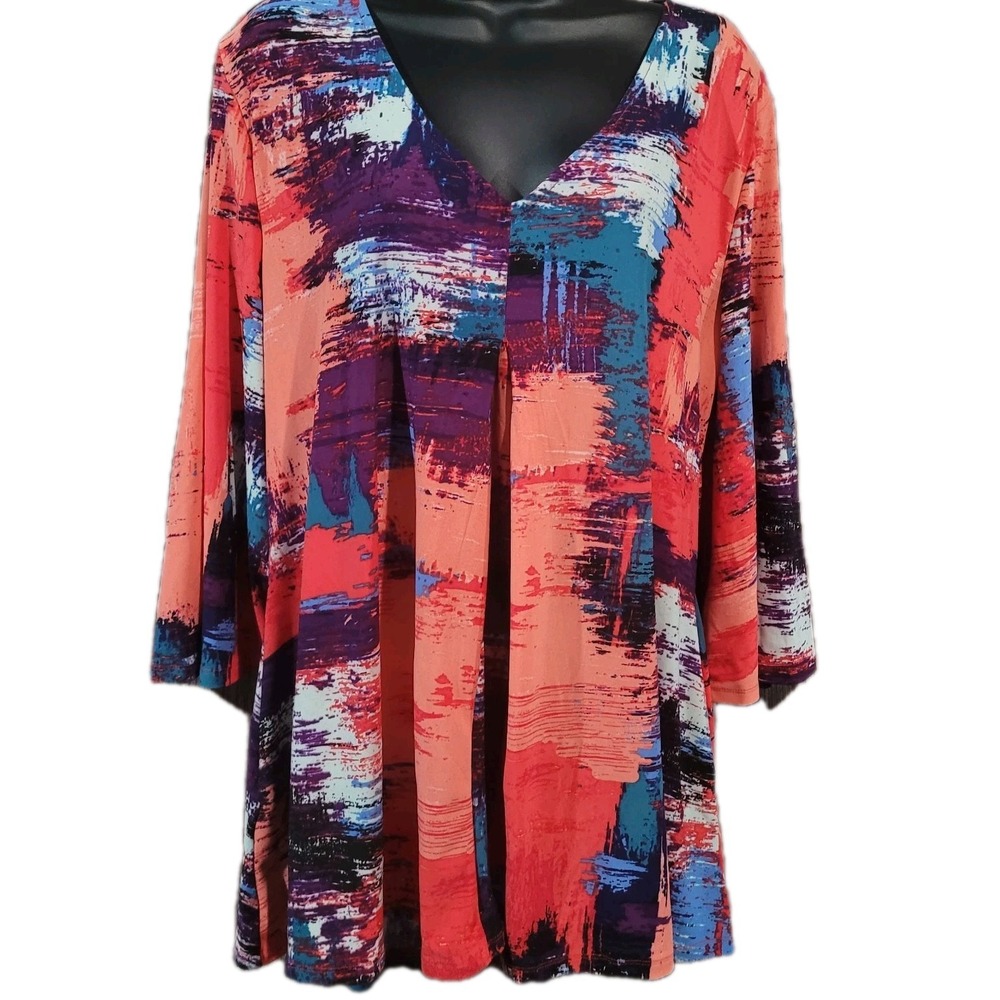 Attitudes by Renee Art to Wear Tunic Sz L Colorful V-Neck 3/4 Slv Abstract Artsy